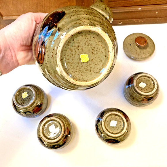 Vintage OMC Japan Tea Set Art Pottery Teapot & 4 Cups Stoneware Floral 70s Decor - Picture 9 of 12